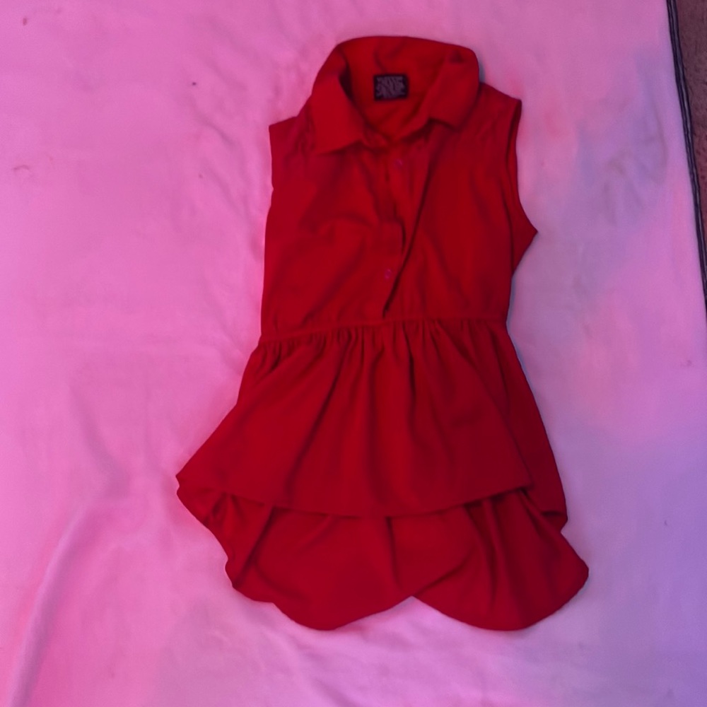 Red, collar button up shirt, no sleeves